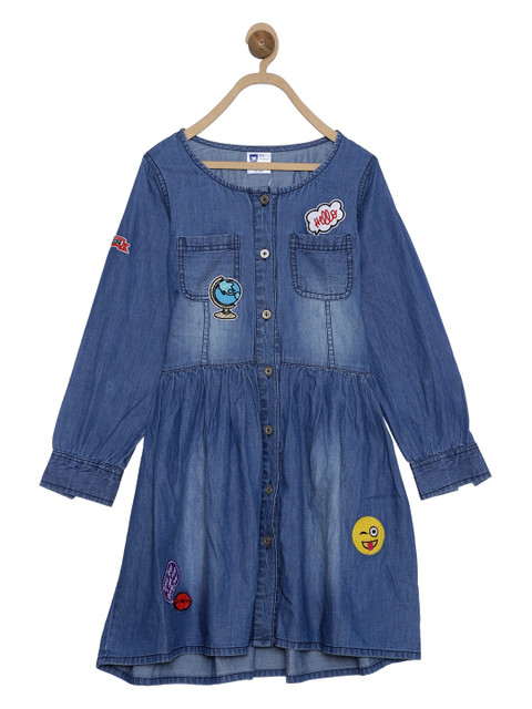 

612 league Girls Blue Applique Cotton Denim Shirt Dress