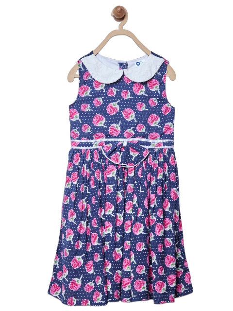 

612 league Girls Navy Blue & Pink Floral Peter Pan Collar Cotton Dress