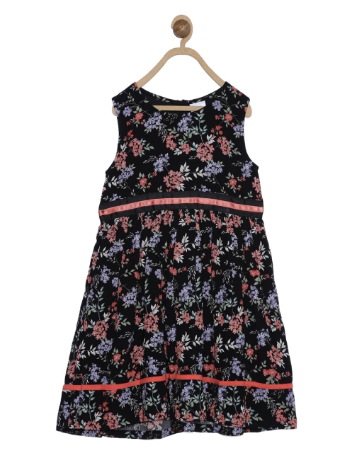 

612 league Girls Black & Peach-Coloured Floral Cotton Midi Dress