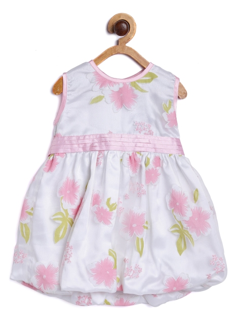 

612 league Girls White & Pink Floral Printed Organza Balloon Dress