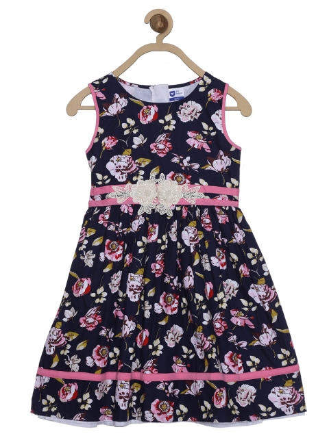 

612 league Girls Navy Blue & Pink Floral Printed Cotton Dress