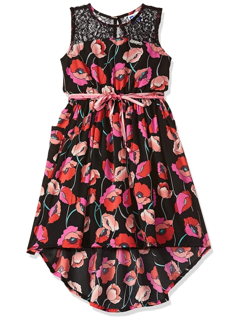 

612 league Girls Black & Pink Floral Printed Lace Inserts Midi Dress