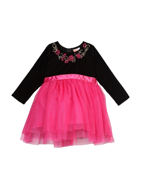 

612 league Girls Fuchsia Pink & Black Colourblocked Cotton Velvet Dress