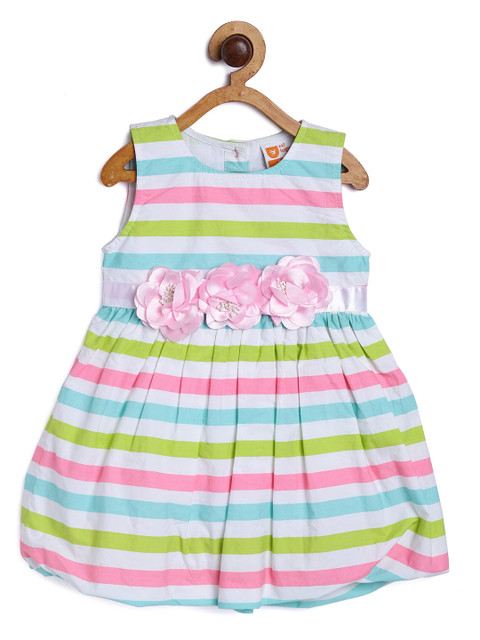 

612 league Girls White & Pink Striped Balloon Dress