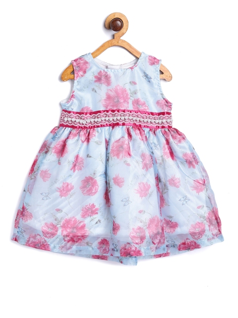 612 league Girls Blue & Pink Floral Printed Organza Dress