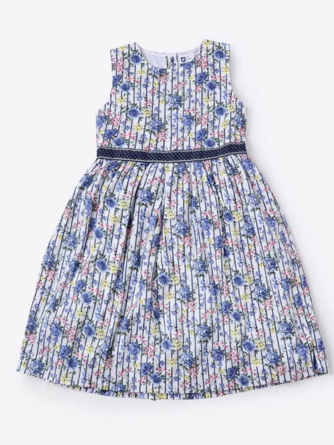 

612 league Girls White & Blue Floral Cotton Dress
