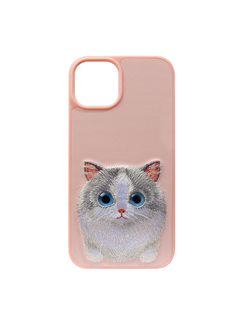 

TREEMODA Pink & White Quirky Embroided Pink Cat Leather iPhone 13 Back Case