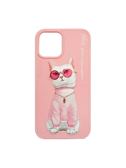 

TREEMODA Pink & White Quirky Embroided Pink Swag Cat Leather iPhone 12 Back Case