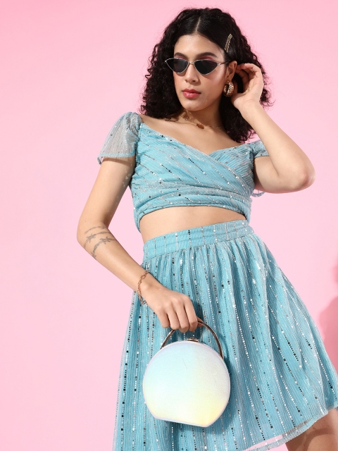 

Sera Women Blue & Silver Sequinned Wrap Crop Top & Skirt Co-Ords