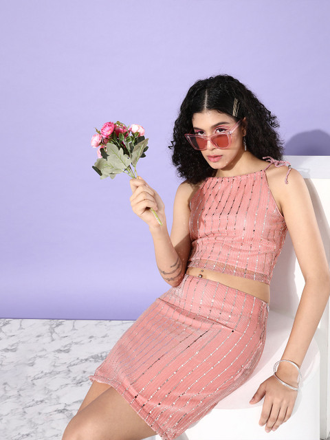 

Sera Women Peach-Coloured & Silver Sequinned Crop Top & Skirt Co-Ords