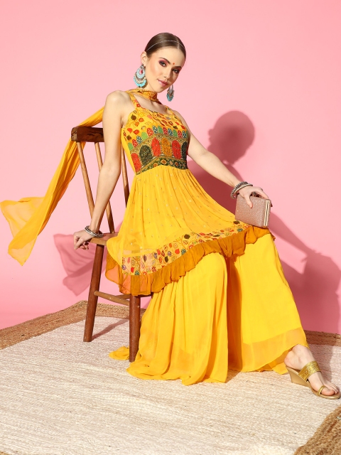 

ZOLA Ethnic Motifs Poly-Georgette Elevated Bottom Kurta Set, Mustard