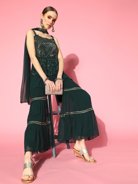 

ZOLA Checked Poly-Georgette Elevated Bottom Kurta Set, Green