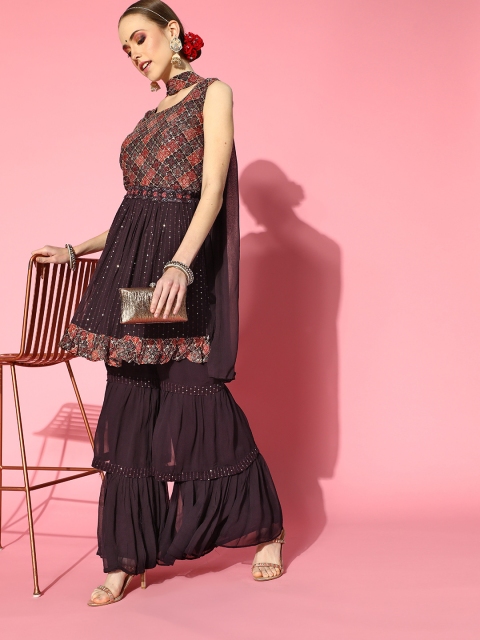 

ZOLA Bandhani Poly-Georgette Short Kurti with Sharara, Burgundy