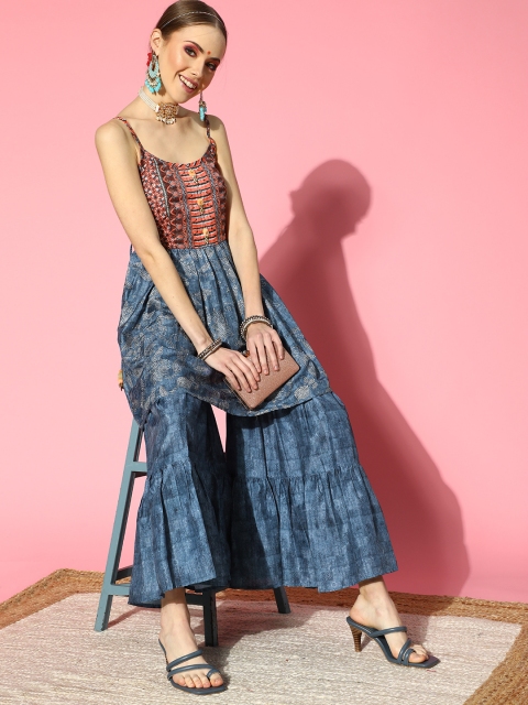 

ZOLA Ethnic Motifs Polyester Short Kurti with Sharara, Blue