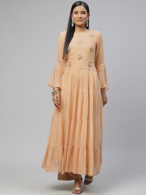 

ZOLA Women Cream-Coloured Embellished Bell Sleeves Georgette Anarkali Kurta