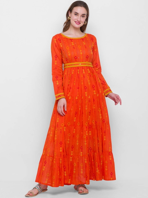 

ZOLA Women Orange Geometric Printed Thread Work Anarkali Kurta