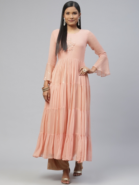 

ZOLA Women Pink Embroidered Bell Sleeves Georgette Kurta