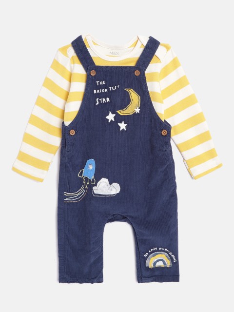 

Marks & Spencer Kids Navy Blue & Yellow Printed Pure Cotton Dungarees with Bodysuit