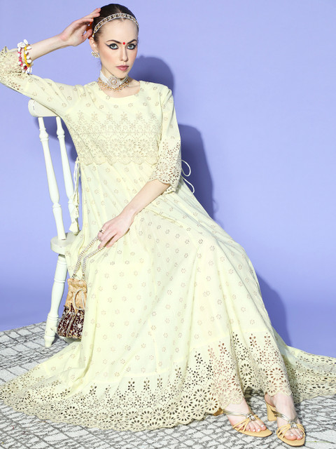 

kipek Women Classic Cream Floral Schiffli Dress