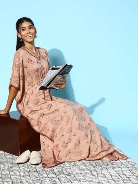 

beebelle Women Beige Floral Bohemian Eclectic Nightdress