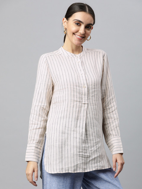 

Marks & Spencer Women Off White Striped Casual Shirt