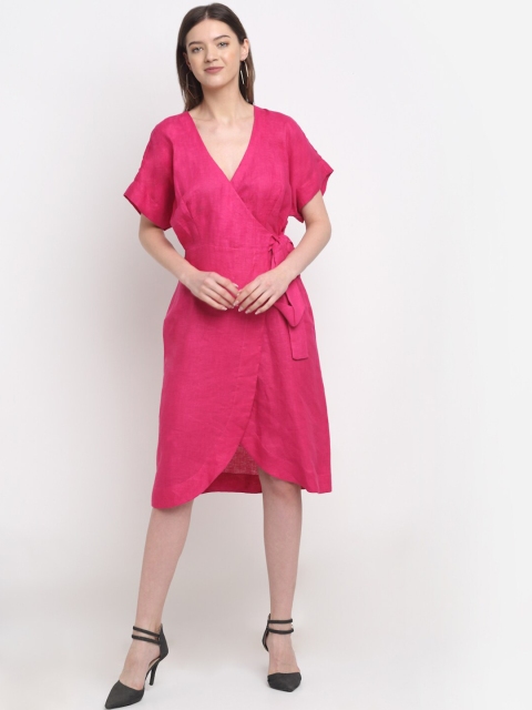 

ewoke Women Pink Solid Linen Wrap Dress