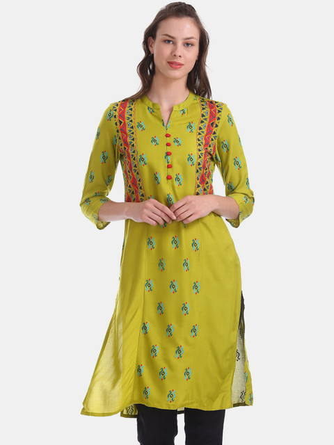 

Karigari Women Lime Green Floral Printed Kurta
