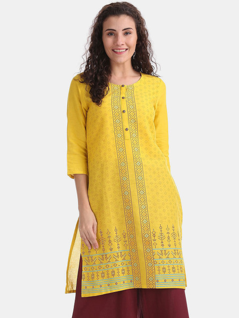 

Karigari Women Yellow Ethnic Motifs Mirror Work Kurta