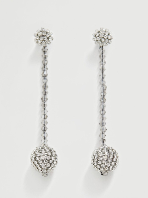 

MANGO Silver-Toned Stone-Studded Floral Drop Earrings