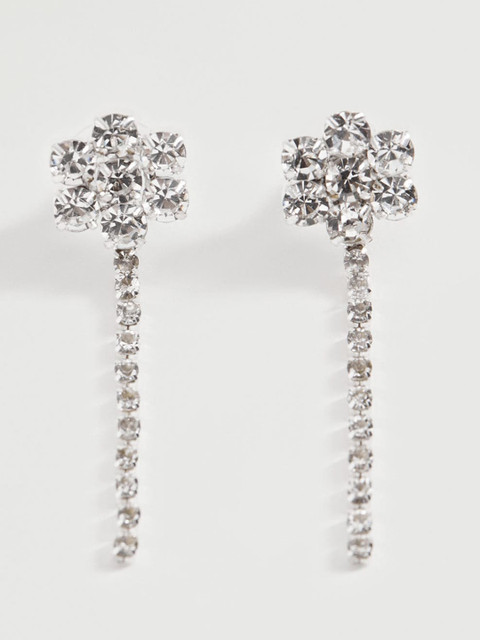 

MANGO Silver-Toned Stone Studded Floral Drop Earrings