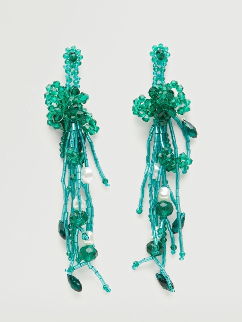 

MANGO Green & Off White Beaded Floral Drop Earrings