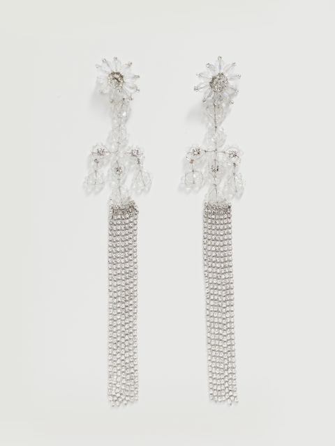 

MANGO White & Silver-Toned Stone Studded & Beaded Floral Drop Earrings