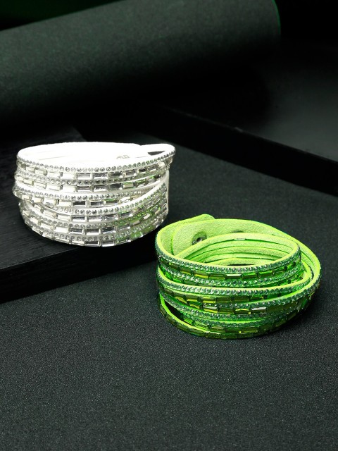 

Yellow Chimes Women Set of 2 Green & White Leather Wraparound Bracelet