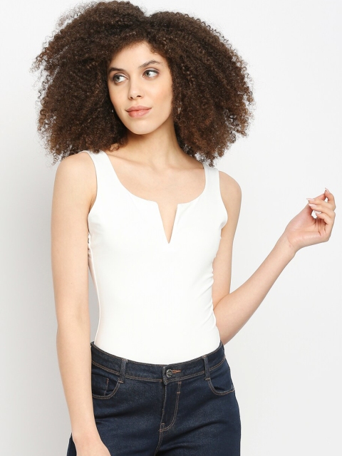 LYKKEIN Women White Solid Bodysuit