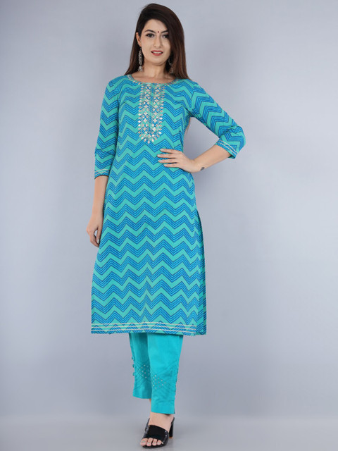 

Swasti Women Turquoise Blue Chevron Printed Mirror Work Kurta