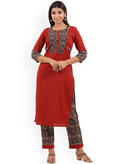 

Swasti Women Maroon Geometric Printed Flared Sleeves Thread Work Floral Kurta