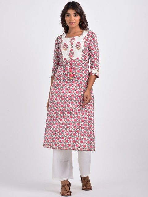 

Swasti Women White & Pink Floral Printed Cotton Kurta
