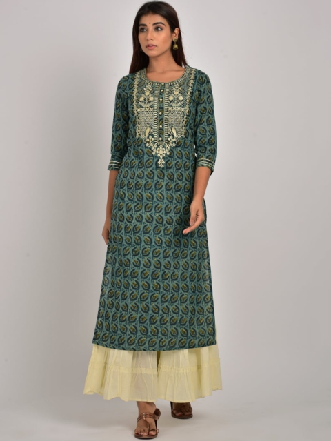 

Swasti Women Green Ethnic Motifs Embroidered Cotton Kurta