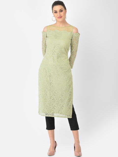

Ojjasvi Women Green Floral Embroidered Cold-Shoulder Sleeves Thread Work Kurta