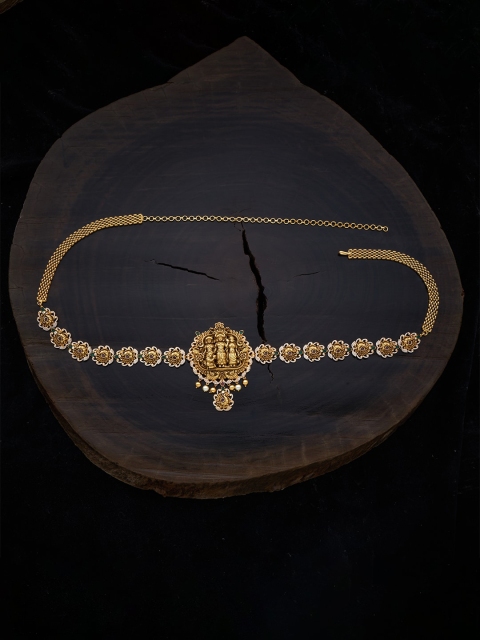 

Kushal's Fashion Jewellery Gold-Plated Green & Pink CZ Stone Studded Antique Belt