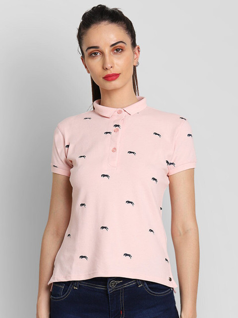 

JUMP USA Women Pink & Navy Blue Cotton Printed Polo Collar T-shirt