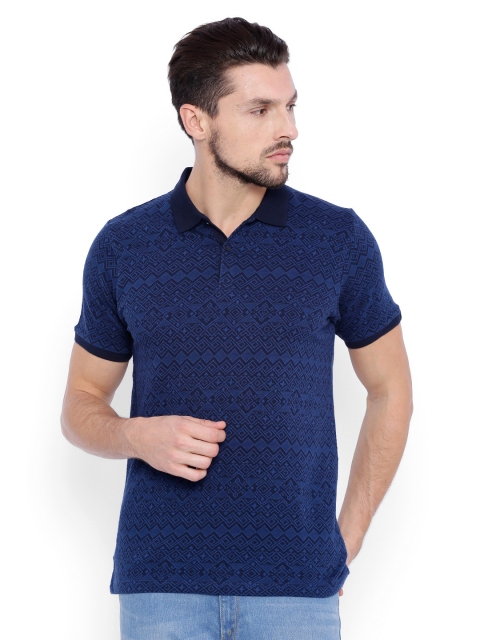 

Basics Men Blue Printed Muscle Fit Polo T-shirt