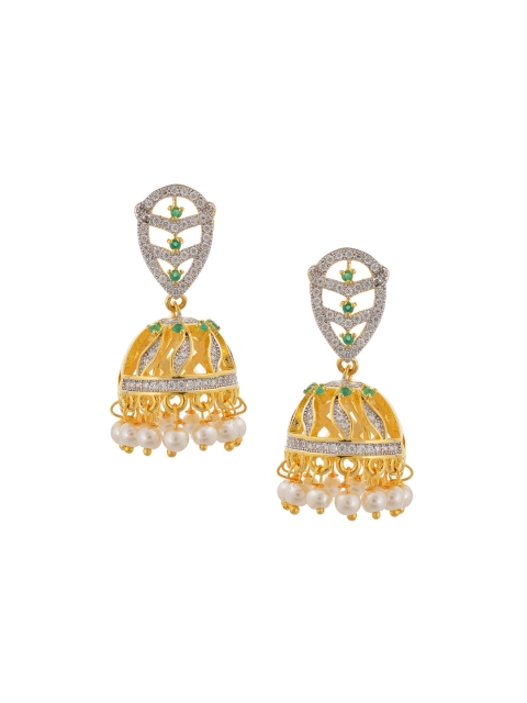 

Tistabene Gold-Plated Green & White Stone-Studded Contemporary Jhumkas Earrings