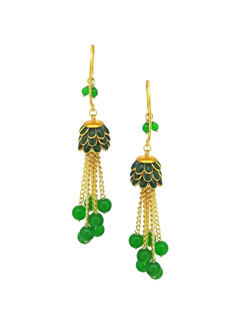

Tistabene Gold-Plated Green Stone-Studded & Beaded Contemporary Drop Earrings