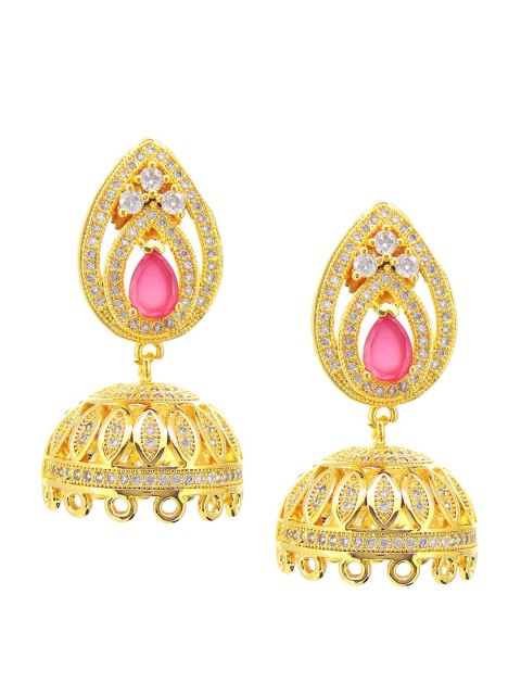 

Tistabene Gold-Plated Pink & White Stone-Studded Contemporary Jhumkas Earrings