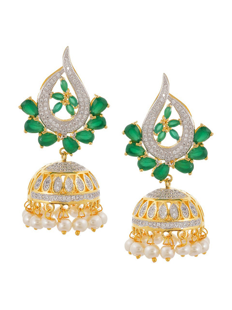 

Tistabene Gold-Plated Green & White Stone-Studded Contemporary Jhumkas Earrings
