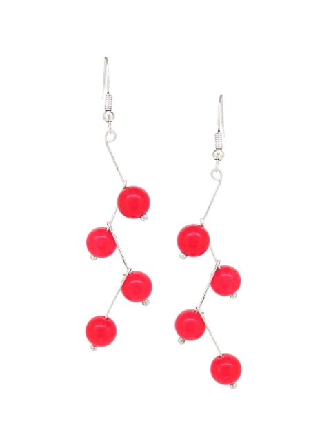 

Tistabene Rhodium-Plated Silver-Toned & Red Stone-Studded Quirky Drop Earrings