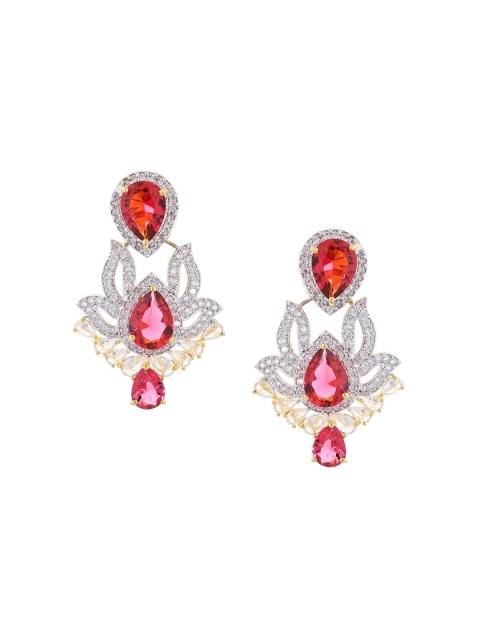 

Tistabene Rhodium-Plated Red & White Stone-Studded Floral Drop Earrings