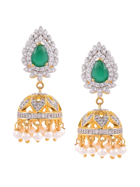 

Tistabene Gold-Plated Green & White Stone-Studded Contemporary Jhumkas Earrings