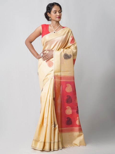 

Unnati Silks Beige & Red Paisley Bengal Linen Blend Jamdani Saree